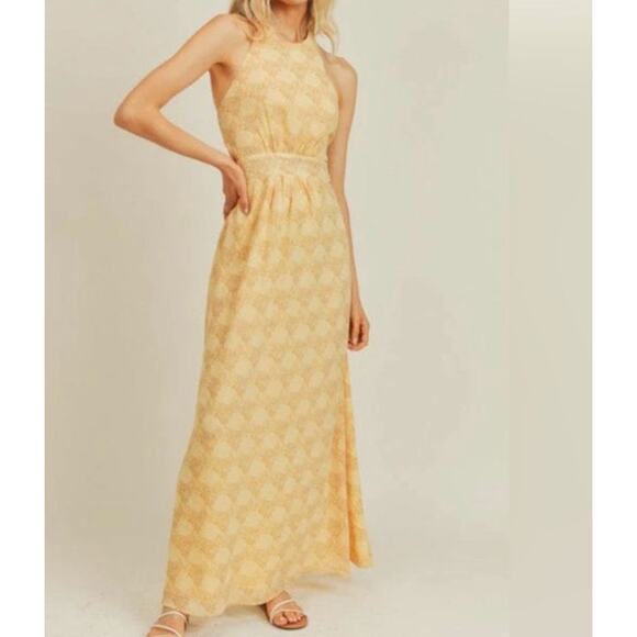 LUSH Yellow Medallion Print Open Back Maxi Dress Halter Women's Size Medium NWT - Picture 9 of 9